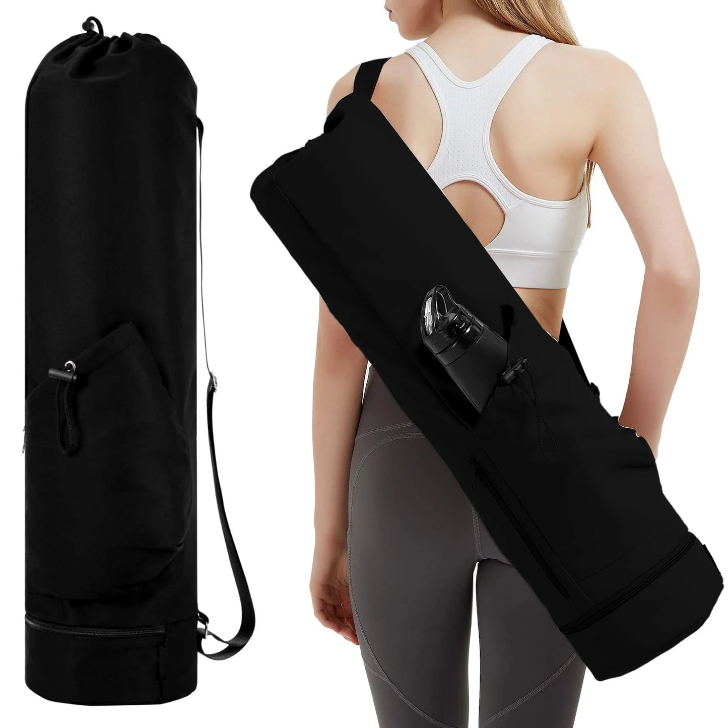 Yoga mat bag with water bottle pocket and bottom wet bag. Sports yoga mat with shoulder strap and multifunctional storage bag