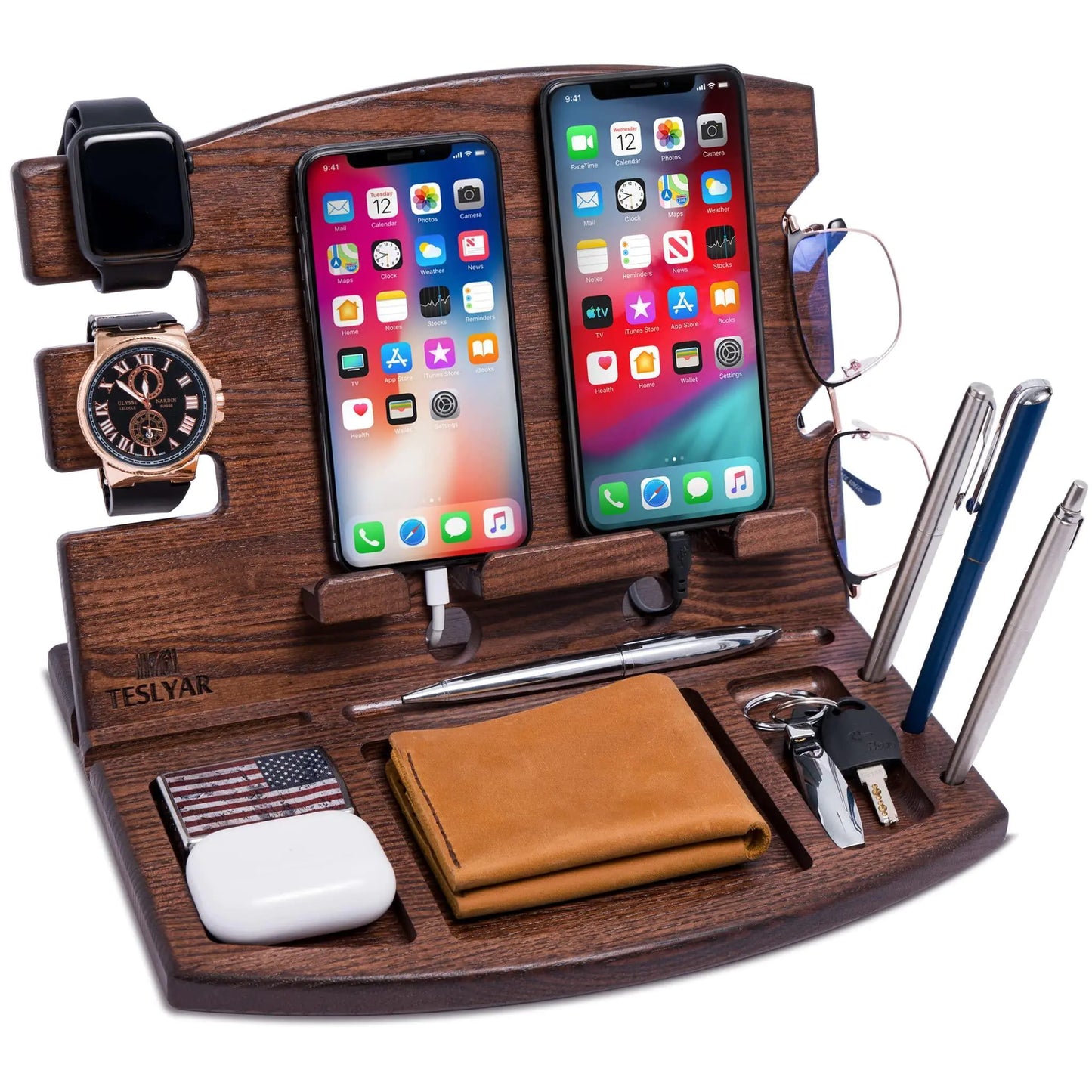 Wood Phone Docking Station Natural Ash Phone Key Holder Wallet Watch Stand Gift