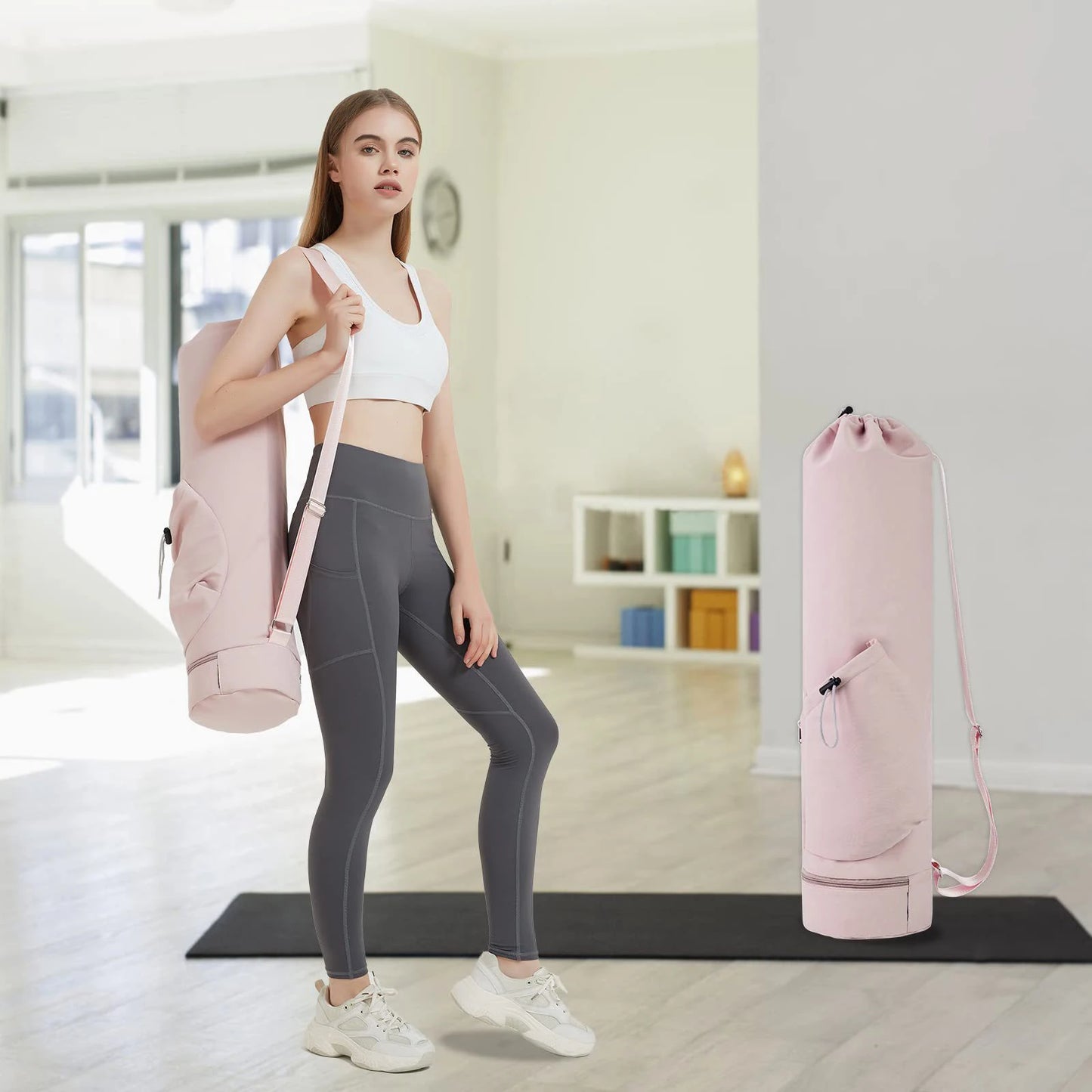 Yoga mat bag with water bottle pocket and bottom wet bag. Sports yoga mat with shoulder strap and multifunctional storage bag