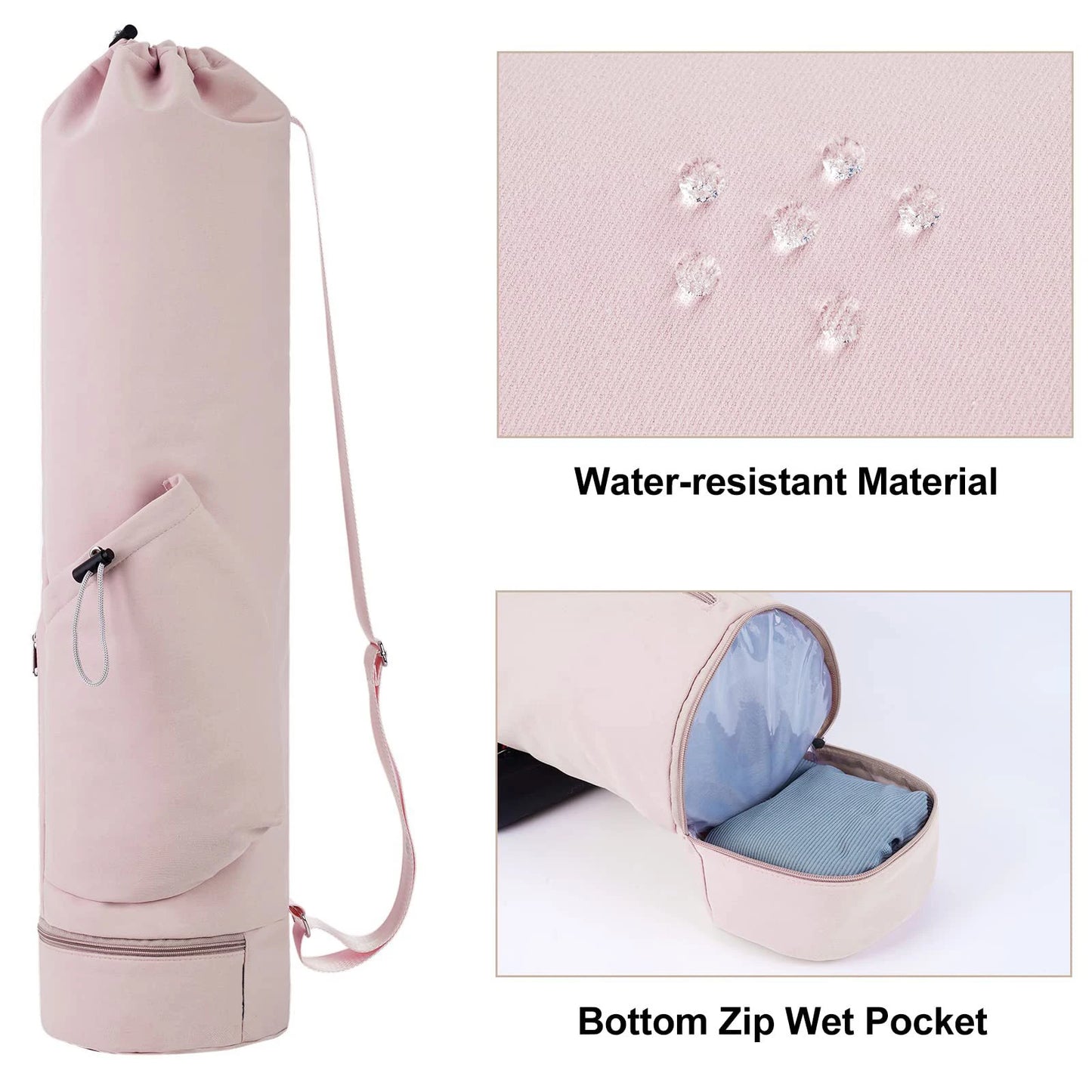 Yoga mat bag with water bottle pocket and bottom wet bag. Sports yoga mat with shoulder strap and multifunctional storage bag