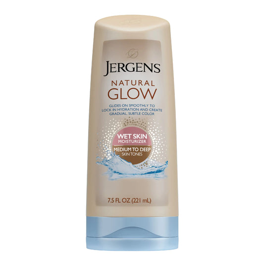 Jergens Natural Glow In Shower Lotion, Self Tanner for Medium to Deep Skin Tone, Sunless Tanning Wet Skin Lotion for Gradual, Flawless Color, 7.5 Ounce (Packaging May Vary) Single Medium to Tan