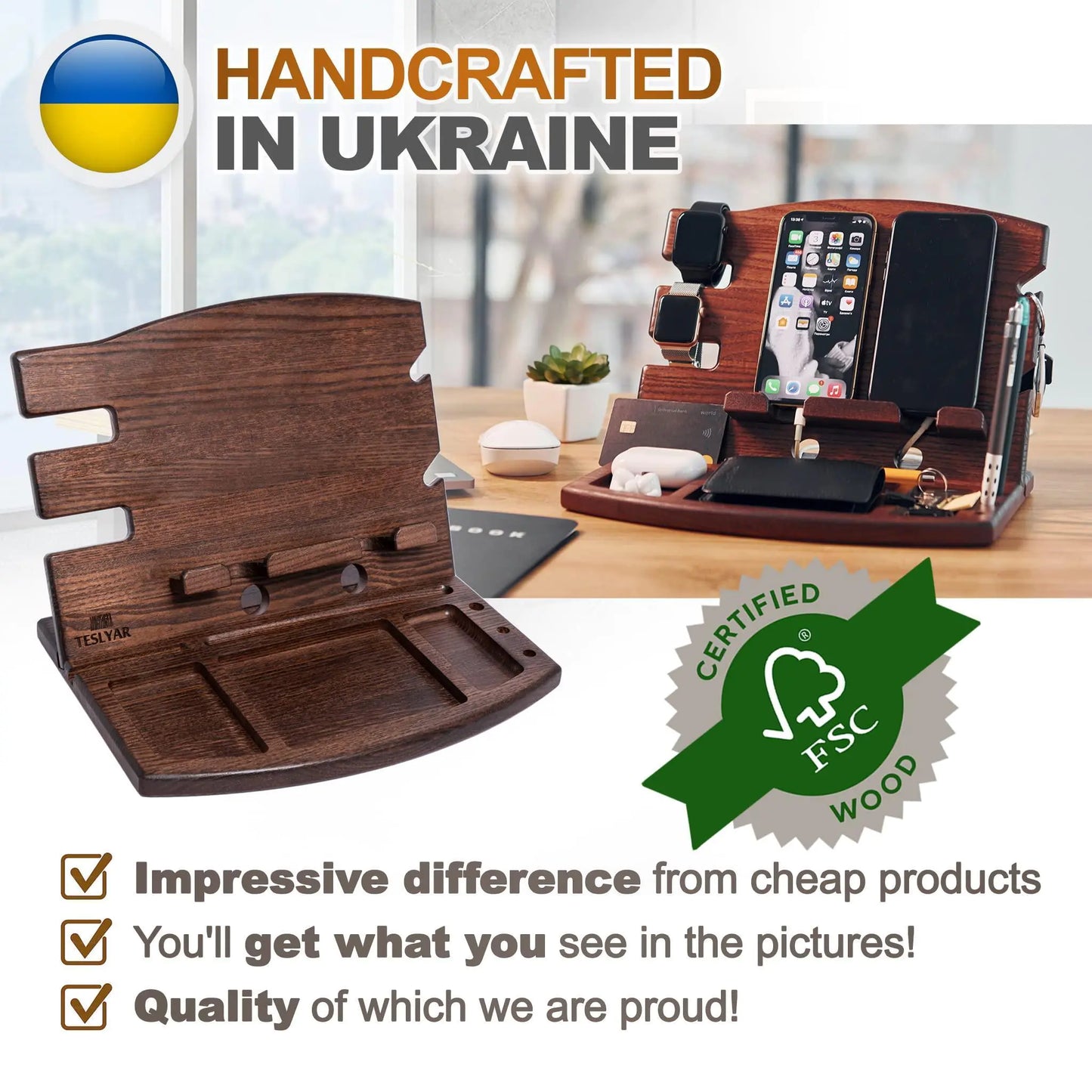 Wood Phone Docking Station Natural Ash Phone Key Holder Wallet Watch Stand Gift